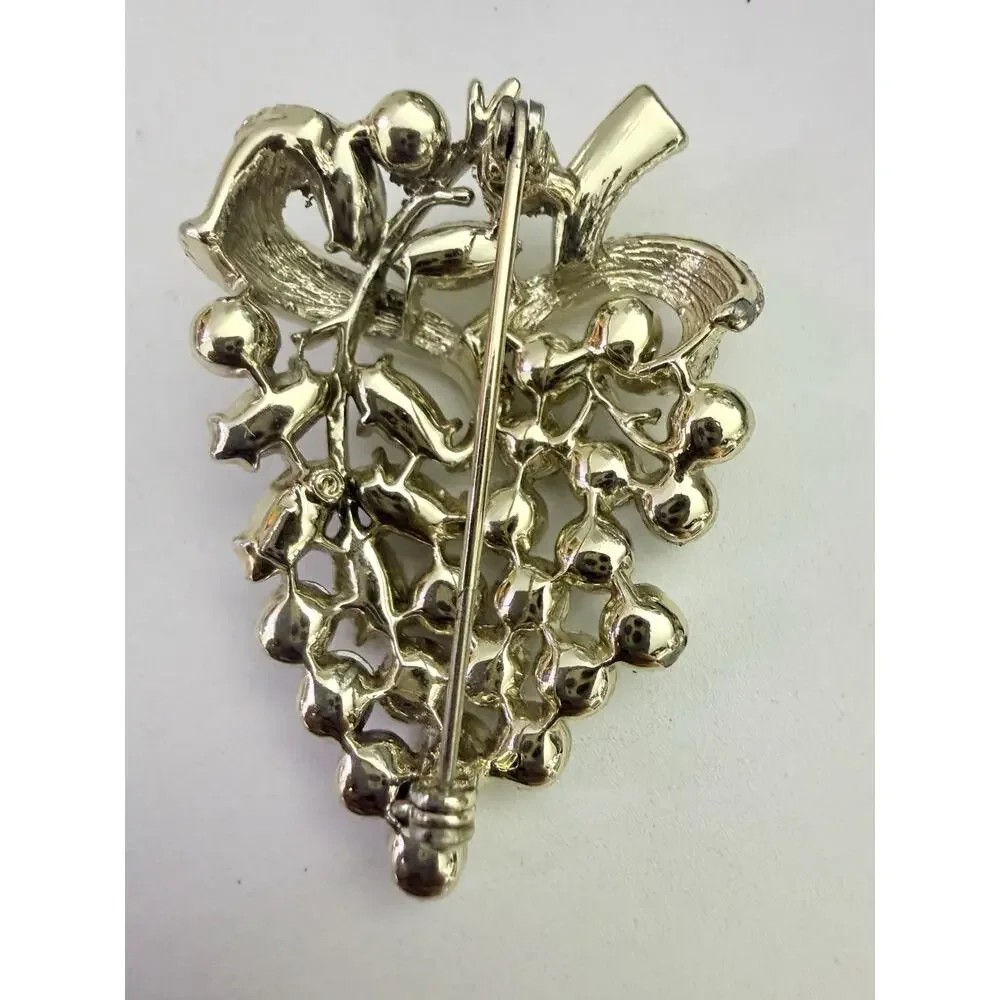 Vintage Aurora Borealis Rhinestone Grapes Brooch Gold Tone Large 2.5